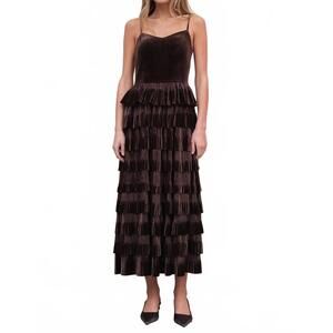 NEW RAISONNEL velvet pleated tier dress in brown